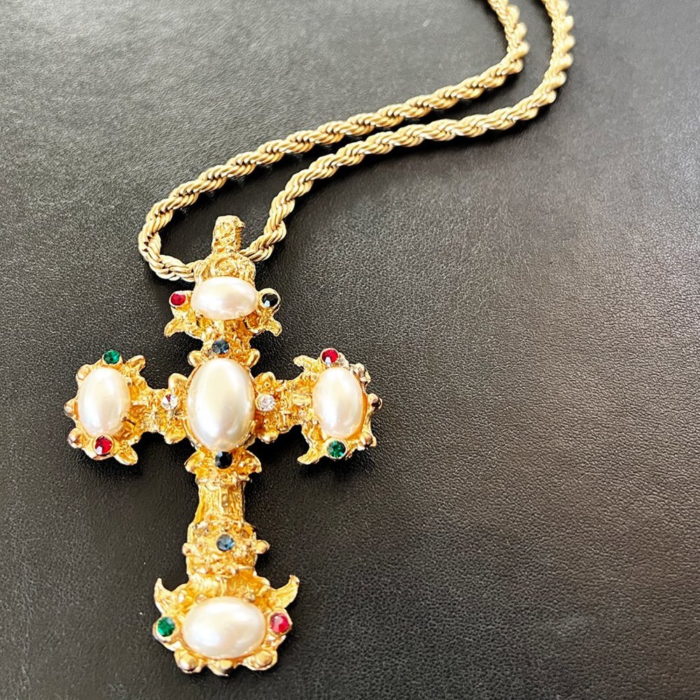 1980s Pearl Cross Crucifix Pendant Large @ 3.5", 24" Long Gold Rope Necklace 5mm